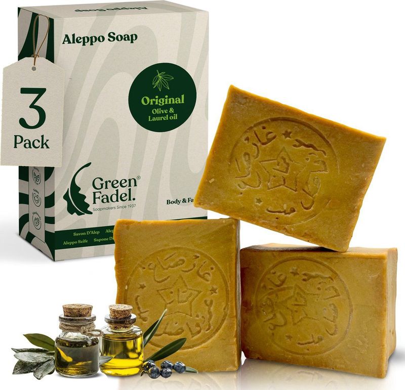 GREEN FADEL - Aleppo Zeep Origineel - Set van 3 - 600 g - Handgemaakt - Natuurlijke Zeep