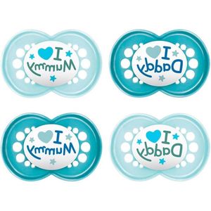 Siliconen fopspeen 6-16 Skin Soft Set van 4 incl. 2 steriliserende transportdozen - I love Mummy & I love Daddy