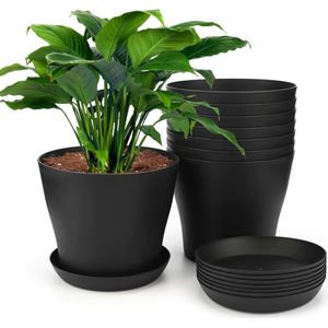 8 stuks 17cm Zwarte Plant Potten - Plastic Grote Bloempotten met Pallet Trays - Voor Indoor Outdoor Kantoorhuis Bureau