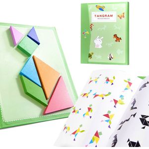 Playos® - Tangram Puzzel - Groen - 96 Puzzels - Magneetboek - Houten Puzzel - Vormen Puzzel - Puzzelboek - Reisspel - Reis Speelgoed - Educatief Speelgoed - Ruimtelijk Inzicht - Motorisch Speelgoed - Puzzelboek - Peuters en Kleuters