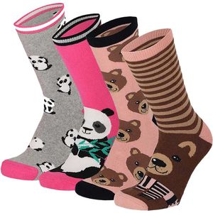 Apollo Meisjes Antislip Sokken 4-Pack Beer/Panda Print - Maat 23/26