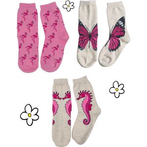Nature Planet -kindersokken - set van 3 roze sokken - flamingo - vlinder - zeepaardje (100% Oeko-tex gecertificeerd) maat 35-38