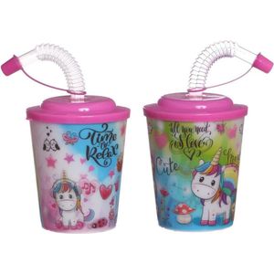 4 stuks 3D bekers Girls unicorn - uiltjes met deksel en rietje