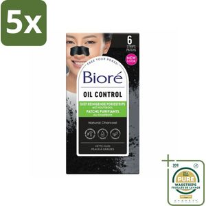 5 x Bioré – Houtskool Neusstrips – Diepreinigend – 6 strips - Grootverpakking - Houtskool Neusstrips - Diepe Reiniging - Neus Reinigen - Vet Verwijderen - Poriën Reinigen