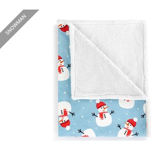 Hom&Com Kerst Plaid - Fleece en Sherpa - Snowman Blue-Red - Groot 130x170 cm