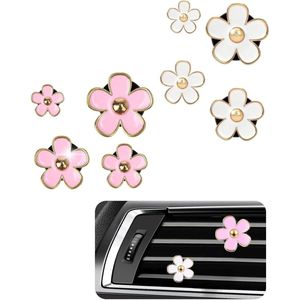 Allecto Premium - 8-delige bloem madeliefjes auto interieur decoratie set met etherische olie diffuser - Roze Wit - Auto accessoires nodig?
