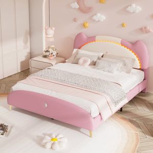 Gutent Kinderbed, Beige + Roze, 140x200 cm, Gestoffeerd bed, Eenpersoonsbed, Kinderbed, kinderbed met houten lattenbodem, met massief houten en ijzeren buisframe, LED-lichtlijst, materiaal zacht schuim + PU leer