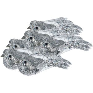 6x stuks kunststof decoratie vogels op clip zilver met pailletten 15 cm - Decoratievogeltjes - Kerstboomversiering