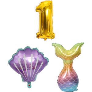 Zeemeermin - Feestversiering - Zeemeermin versiering - 1 jaar - Ballonnen - Cijferballonnen - Zeemeerminstraat - Schelp - Folieballon - Kleine Zeemeermin - Mermaid - Ballonnen - Verjaardag decoratie - Verjaardag versiering - Ballonnen goud