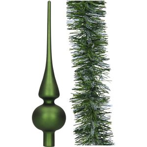 Kerstversiering glazen piek 26 cm mat - met kerstslinger 270 cm - donkergroen