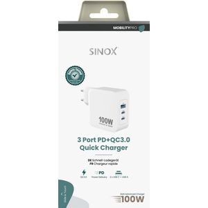 Sinox - MOBILITY POWER - Lichtnetadapter 2xUSB-C 1xUSB-A PD100W, White