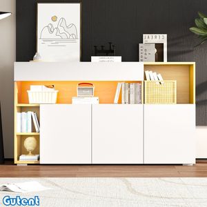 Gutent Dressoir - Multifunctioneel - Ladekast - LED Verlichting - Wit en Eik