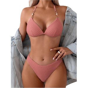 Dames Bikini Set met Ketting - Halter Triangel Badpak met Parels