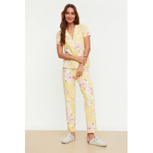 Trendyol Standaard mouw Kraag Gele katoenen overhemd-broek en gebreide pyjama met bloemenpatroon THMSS20PT0063