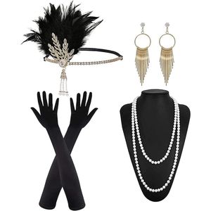 5 stuks 1920 accessoires set, flapper Great Gatsby accessoires set, jaren 20 mode flapper hoofdband lange handschoenen parel ketting oorbellen, Great Gatsby accessoires voor vrouwen