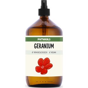 Puturals Geraniumwater 100% Biologisch - 1000ml - Puur en Vegan - Geranium Spray voor Huid en Haar - Zonder Alcohol - Bijproduct van Geranium Olie - Bruine Glazen Fles + Verstuiver