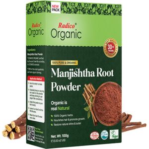 Radico ORGANIC MANJISTHA 100% Natuurlijke BIO Organic Vegan Haargroei, Anti-Haaruitval, Anti-Roos, Care, Volume, Kalmerende, Voedende VERSTERKENDE Poeder Haarmasker en Shampoo met ECOCERT 100g