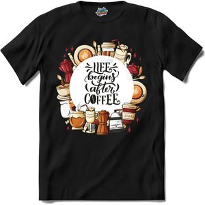 Life Begins After Coffee | Koffie - Coffee - Vintage - T-Shirt - Unisex - Zwart - Maat L