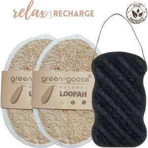 green-goose® Natuurlijke Sponzen Set |  2 x Vegan Loofah en 1 x Konjac Sponsje | Harde Spons | Persoonlijke Verzorging of Keuken | 100% Biologisch Afbreekbaar