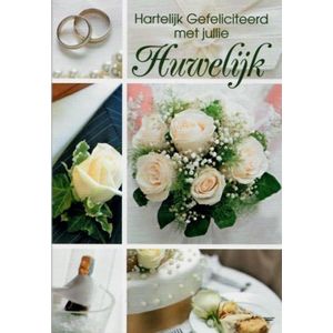 Hartelijk gefeliciteerd met jullie huwelijk! Een bijzondere kaart met een bos bloemen, trouwringen, champagne en een taart. Een leuke kaart om zo te geven of om bij een cadeau te voegen. Een dubbele wenskaart inclusief envelop en in folie verpakt.