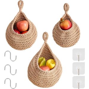 Hangende Fruitmand voor de Keuken - 3 Stuks Hangende Fruitmanden van Gevlochten Katoenen Touw - Wandmanden voor aan de Muur - Handgeweven Boho Fruitmand