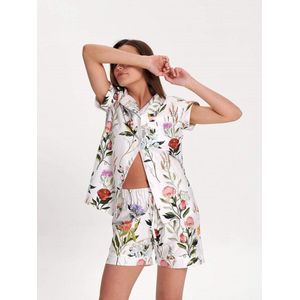Tuinbloemen pyjama set dames–klassiek shirt& korte broek–handgeschilderde print–100% Katoensatijn–wit–maat M