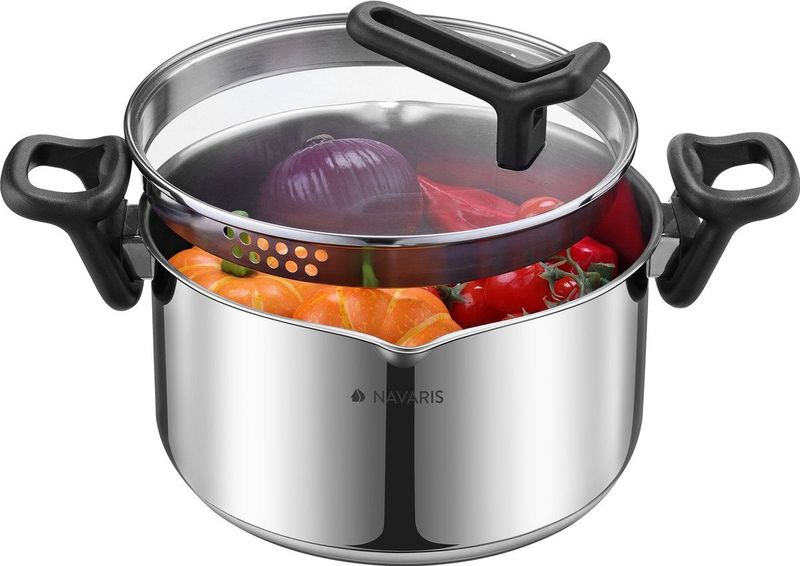 Navaris - RVS Kookpan - 5,3 Liter - 28 x Ø25 x 27 cm - Soeppan met Glazen Deksel en Vergiet