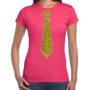 Bellatio Decorations Verkleed shirt dames - stropdas glitter goud - roze - carnaval - foute party XXL