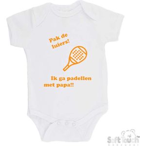 100% katoenen Romper ""Pak de luiers! Ik ga padellen met papa!!"" Padel Unisex Katoen Wit/mosterd Maat 68/74