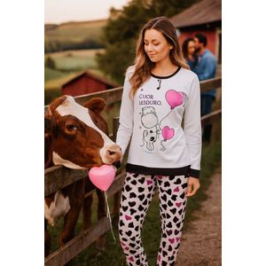 Pyjama - Pyjama Winter - Dames - Ronde Hals - maat XL - koe- Super zacht - HQ - koetjes en hartjes - Roze - grijs - Wit