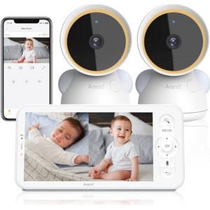 Babyfoon met camera's en app 2K/3MP, 5 inch wifi-video-babyfoon met automatische tracking, temperatuur- en luchtvochtigheidssensor, nachtzicht, compatibel met Alexa