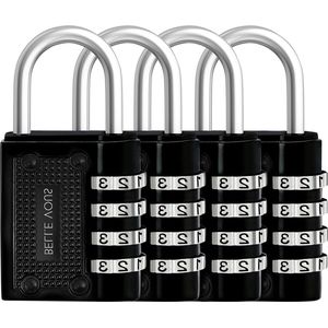 Zwart 4-Cijferige Combinatie Hangslot (4 Pak) - Waterdicht - Voor Gym & School Lockers - 48 x 4 x 16 cm - Belle Vous