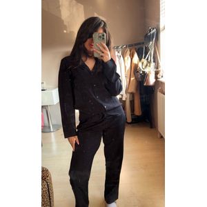 Dames -Pyjamaset- Luxe Pyjama- Nachtkleding- Homewear -Satijn Flamingo Zwart Maat L