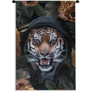 Wandkleed TijgerKerst illustraties - Tijger met een capuchon tussen de oranje bloemen Wandkleed katoen 90x135 cm - Wandtapijt met foto