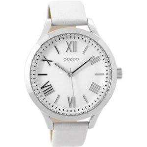 OOZOO Timepieces - Zilverkleurige horloge met witte leren band - C9475