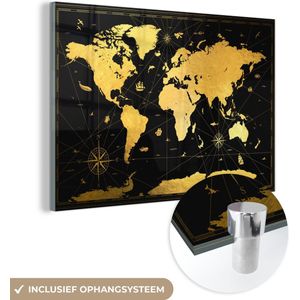 MuchoWow® Glasschilderij 180x120 cm - Schilderij acrylglas - Wereldkaart - Goud - Zwart - Luxe - Foto op glas - Schilderijen