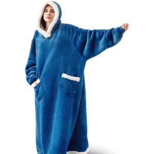Extra lange capuchondeken - Flanellen fleece oversized deken hoodie - met capuchon en zakken - Oversized Cozy Sherpa gevoerde hoodiedeken - Zachte en comfortabele sweatshirtdeken - voor volwassen mannen en vrouwen - Blauw-150cm - 150cm