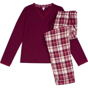 La-V pyjamaset voor dames met geruite flanel broek en V hals met kant contrast Bordeauxrood S