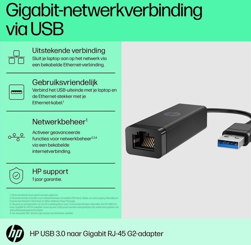 HP - USB 3.0-naar-Gigabit RJ45-adapter G2 - Gigabit-netwerkverbindingen via USB
