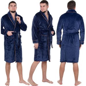 Springos Badjas - Fleece - Marineblauw - Grijstint - Capuchon - Riem - Maat L/XL