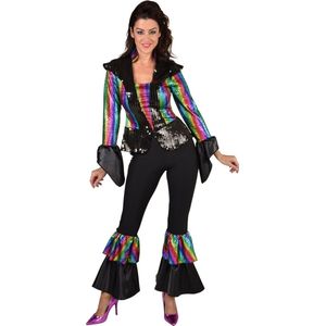 Magic By Freddy's - Jaren 80 & 90 Kostuum - Dancing Rainbow Queen - Vrouw - Zwart, Multicolor - XXL - Carnavalskleding - Verkleedkleding