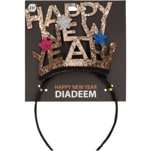 ''Happy New Year'' Diadeem - Zwart - Goud - Gekleurde sterren - Feestaccessoires - Oud en nieuw - Nieuwjaar - Gelukkig nieuw jaar