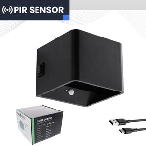 Fonkel LED Wandlamp Oplaadbaar Zwart Kubus - PIR Bewegingssensor Lamp Binnen - Oplaadbare Wandlamp Voor Binnen - Draadloos 5 Watt op Accu USB-C - Ideale Muurlamp Strak Ontwerp - Bevestiging Zonder Boren