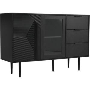 Ladekast Dressoir met 3 lades en 2 deuren, met metalen poten en glazen deuren – Zwart