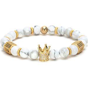 AWEMOZ Natuursteen Armband - Luxe Kralen Armbandje - Kroon - Wit/Goud - Cadeau