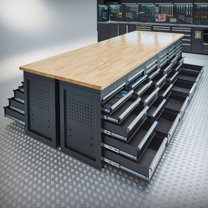 Datona® Werkbank PRO - eiken werkblad - 72 lades - 400 cm - Mat Zwart