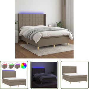 The Living Store Boxspring Bed - Taupe - 140x200 cm - Verstelbaar hoofdbord - LED-verlichting - Pocketvering matras - Huidvriendelijk topmatras