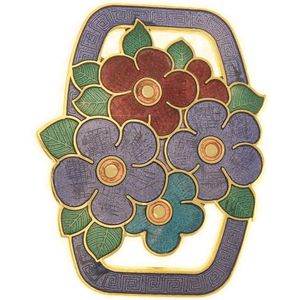 Behave - Rechthoek bloemen broche paars rood - Cloisonné - Vintage look