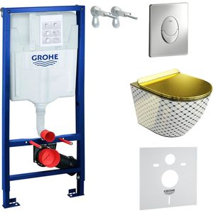Inbouwreservoir Complete Toiletset Grohe Solido 39069000 - Inbouw WC Hangtoilet Wandcloset Sofi Slim Checked Gold - Bedieningsplaat Skate Air Chroom - Voorwandelement - Installatiesysteem