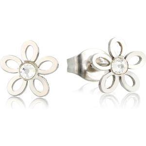 Zilverkleurige bloemen oorstekers met kristal 8mm - Zilverkleurige oorstekers van open bloemen met kristallen - Met luxe cadeauverpakking